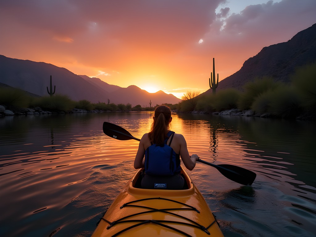 Kayaker paddling on the Salt River at sunset with mountains in background