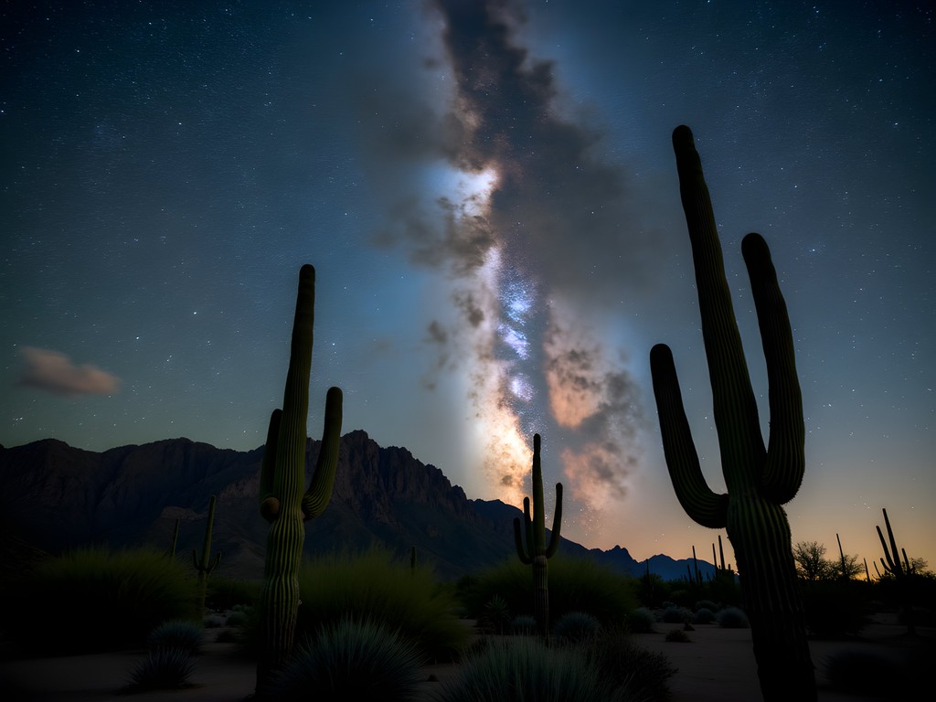 Milky Way galaxy visible over Superstition Mountains with silhouette of saguaro cacti