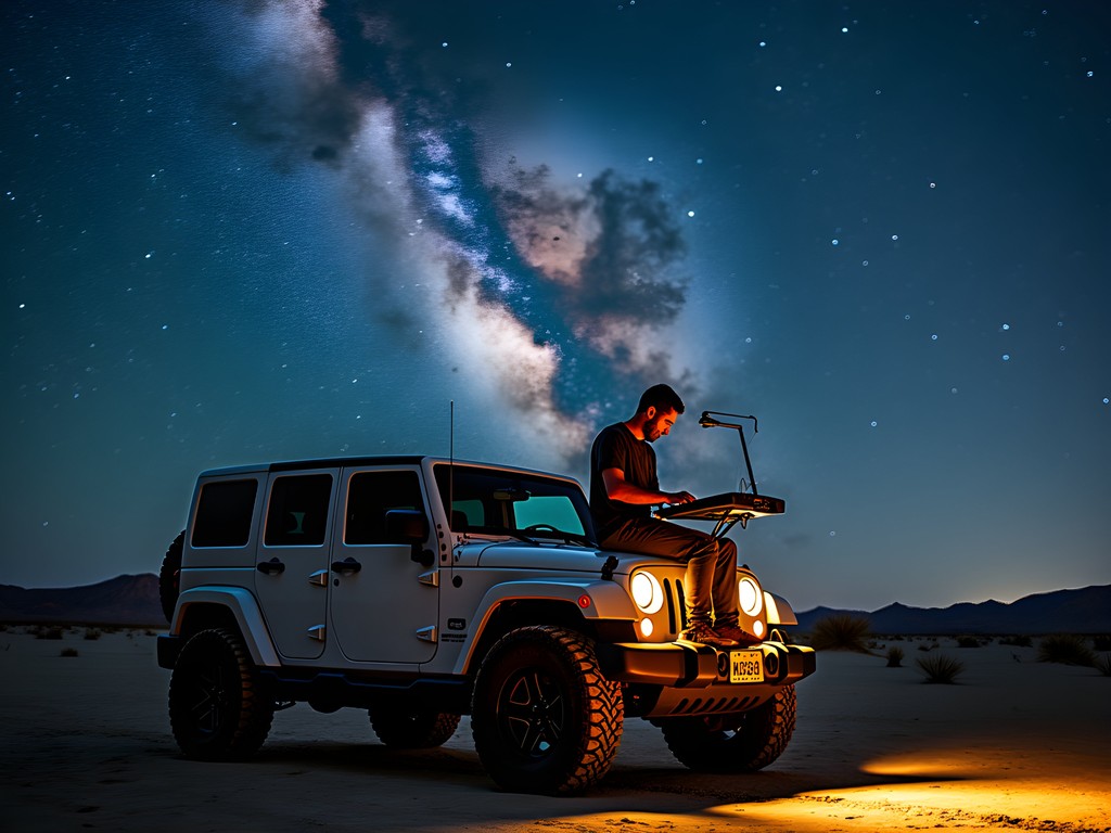 Man creating electronic music under starry desert sky in Mesquite Nevada