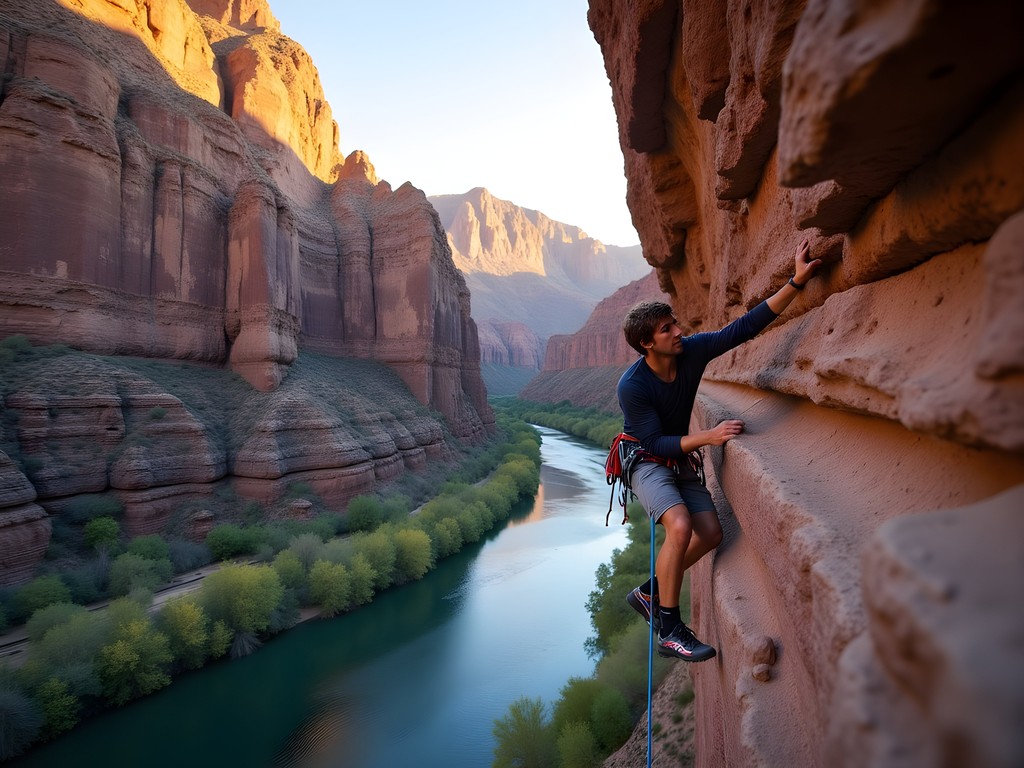 Experienced climber on limestone face in Virgin River Canyon near Mesquite Nevada