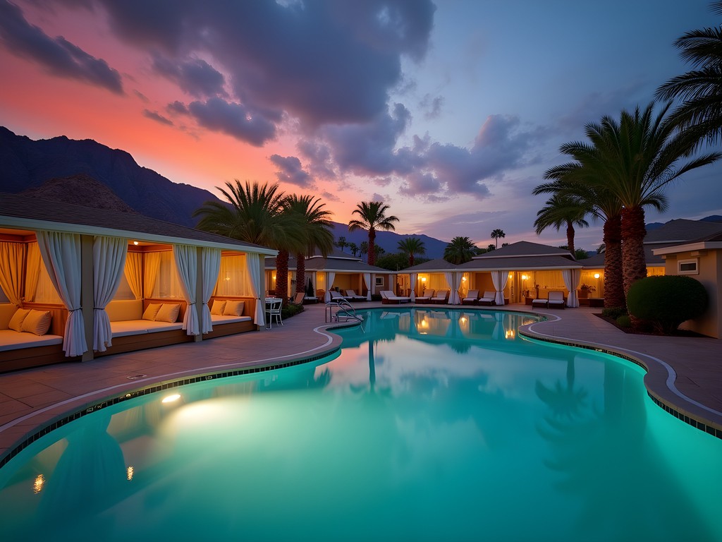 Luxury resort pool at CasaBlanca Resort with mountain backdrop at sunset in Mesquite Nevada