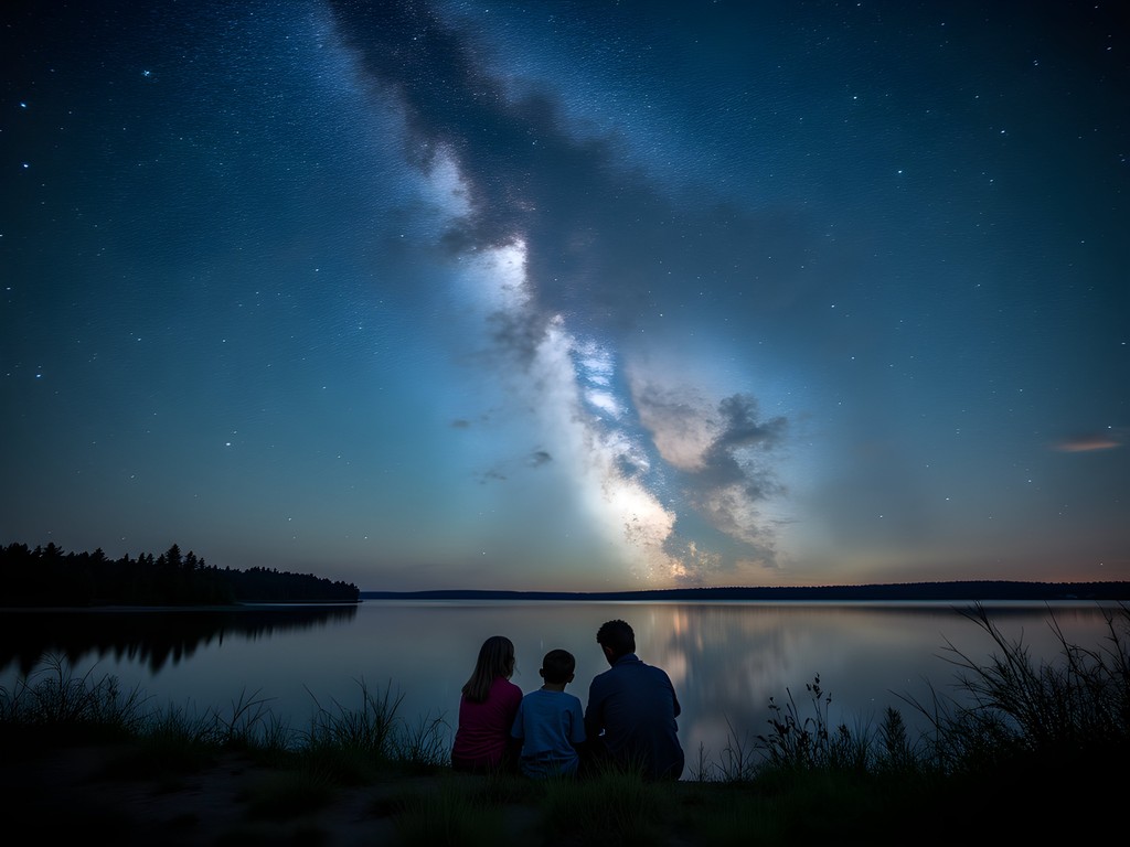 Brilliant night sky over Lake Sakakawea with Milky Way visible and silhouettes of family stargazers