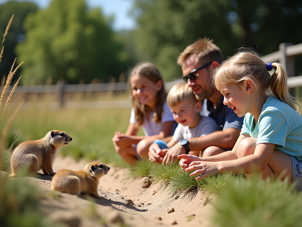 Family observing prairie dog colony at Roosevelt Park Zoo in Minot