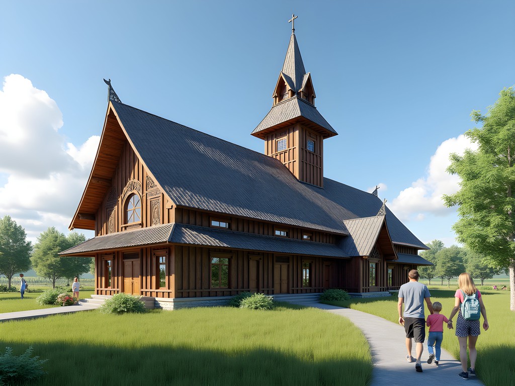 Replica of Gol Stave Church at Scandinavian Heritage Park in Minot with family exploring