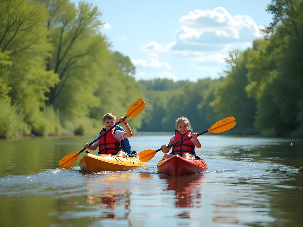 Family kayaking on the Souris River in Minot with summer greenery along riverbanks
