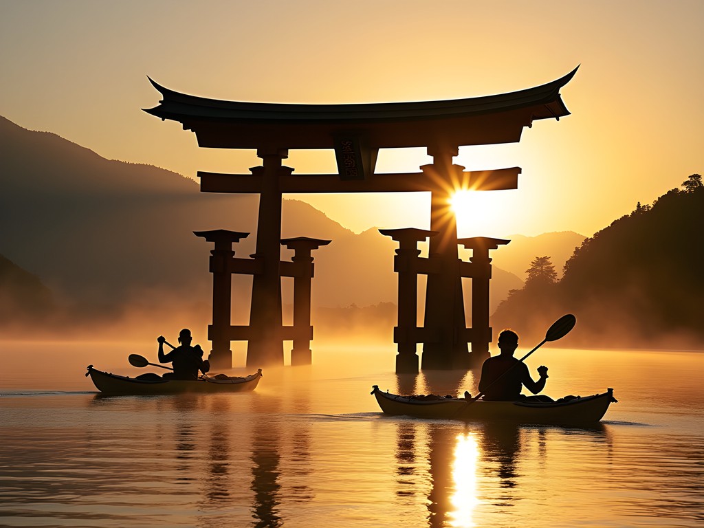Sea kayaking near the floating torii gate of Itsukushima Shrine at sunrise