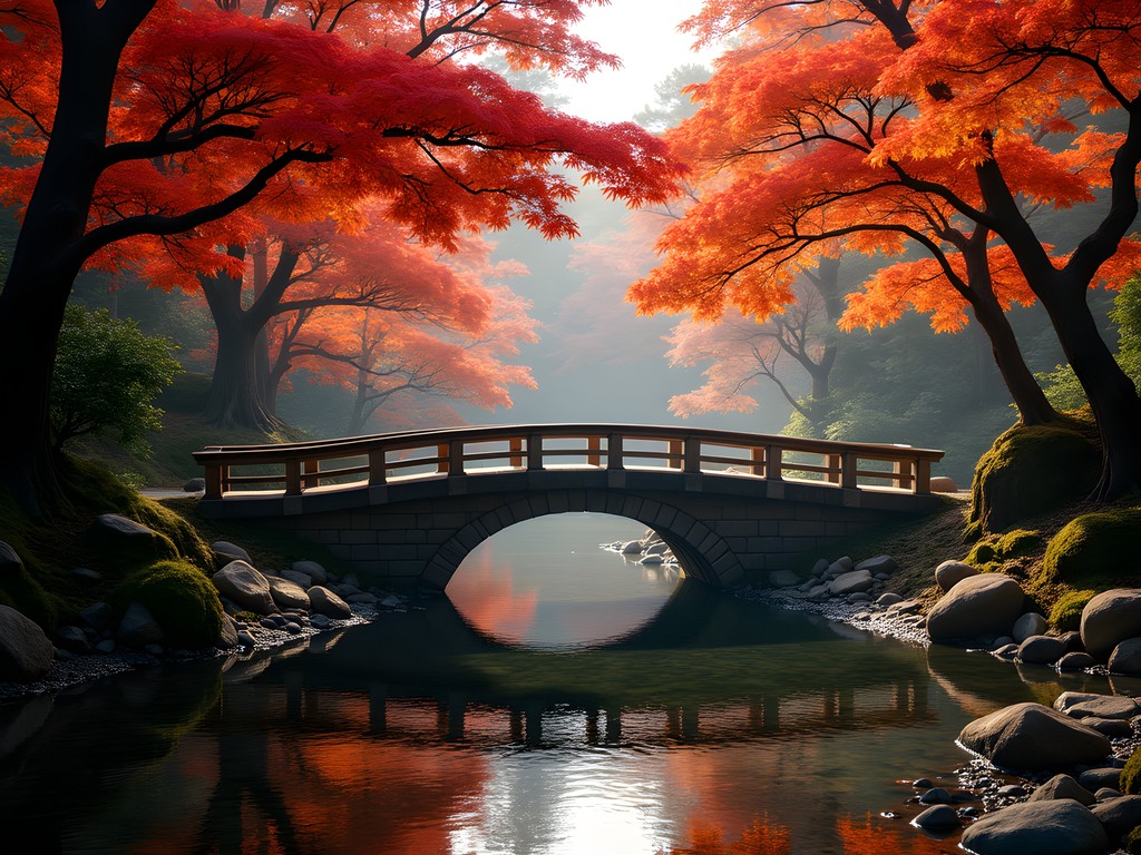 Vibrant autumn foliage in Momijidani Park with stone bridge and stream