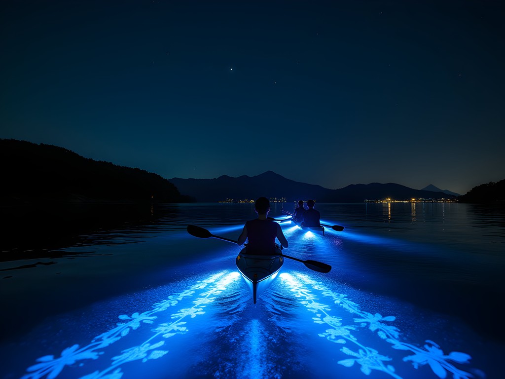 Night kayaking tour with bioluminescent plankton glowing in the water