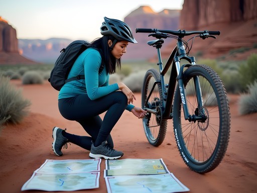 Woman checking mountain bike and safety gear before riding in Moab
