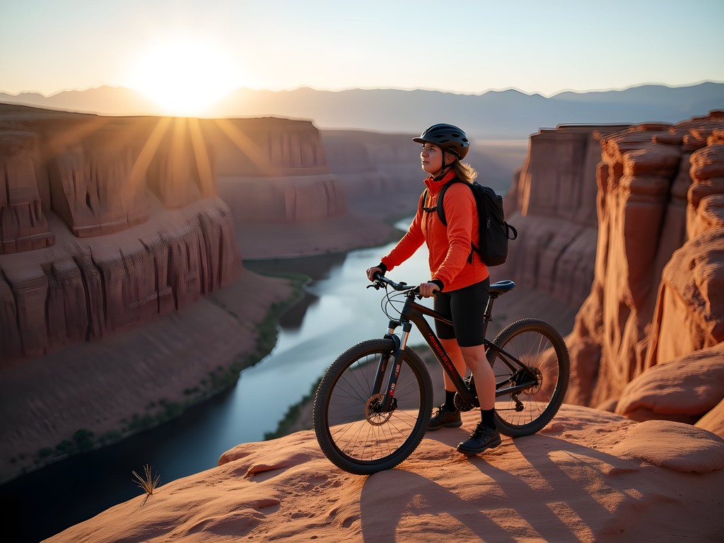 Woman mountain biker overlooking Colorado River from Slickrock Trail in Moab