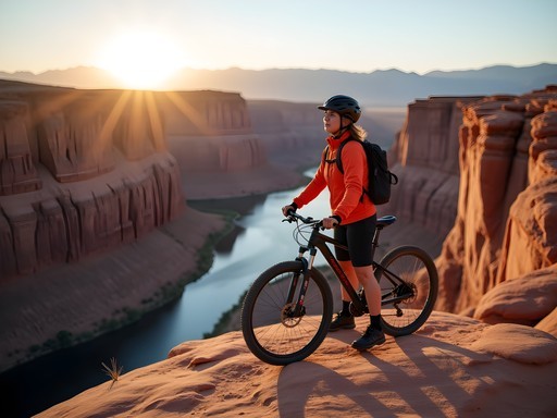 Woman mountain biker overlooking Colorado River from Slickrock Trail in Moab
