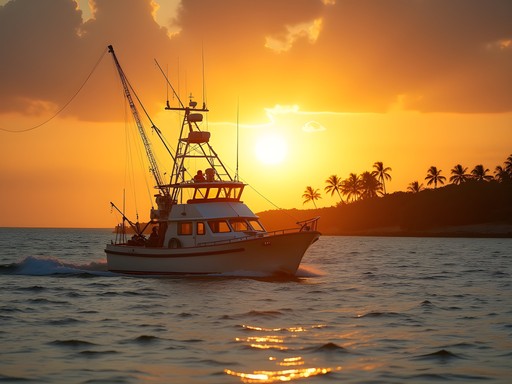 Fishing boat departing Mombasa harbor at sunrise for deep-sea fishing adventure