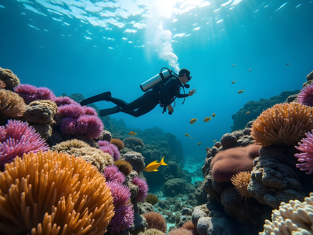 Scuba diver exploring vibrant coral reef formations in Mombasa Marine National Park
