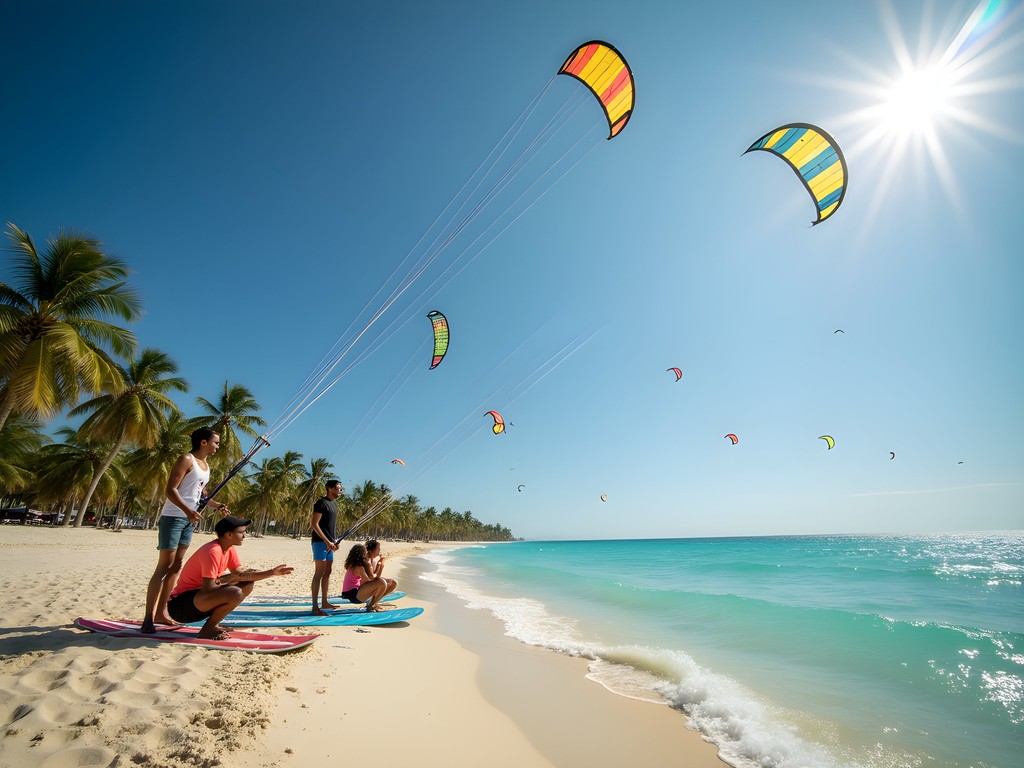 Kitesurfing lesson at Nyali Beach with colorful kites against blue Mombasa sky