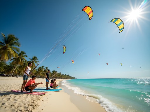 Kitesurfing lesson at Nyali Beach with colorful kites against blue Mombasa sky