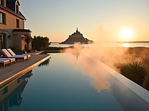 Luxury wellness retreat with infinity pool overlooking Mont-Saint-Michel bay