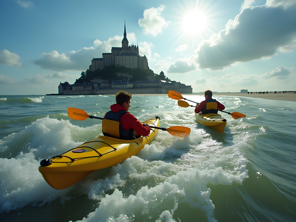 Kayakers navigating strong tidal currents near Mont-Saint-Michel