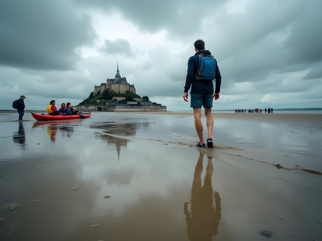 Guide demonstrating quicksand extraction techniques on Mont-Saint-Michel tidal flats