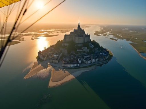 Aerial view of Mont-Saint-Michel and surrounding bay from paraglider