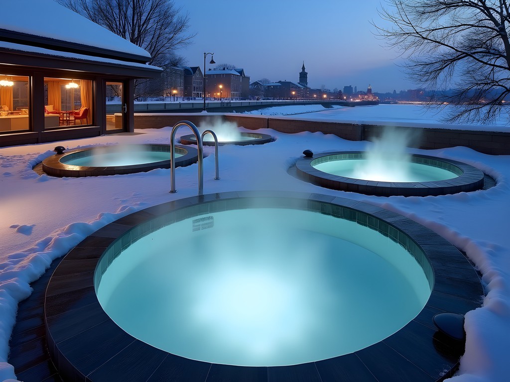 Person relaxing in outdoor hot tub at Bota Bota spa with snowy Montreal view