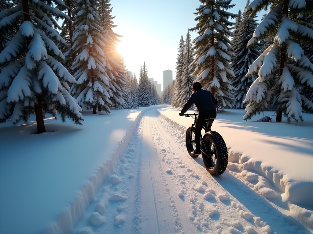 Fat biker riding through snow-covered trail on Mont-Royal with Montreal skyline view