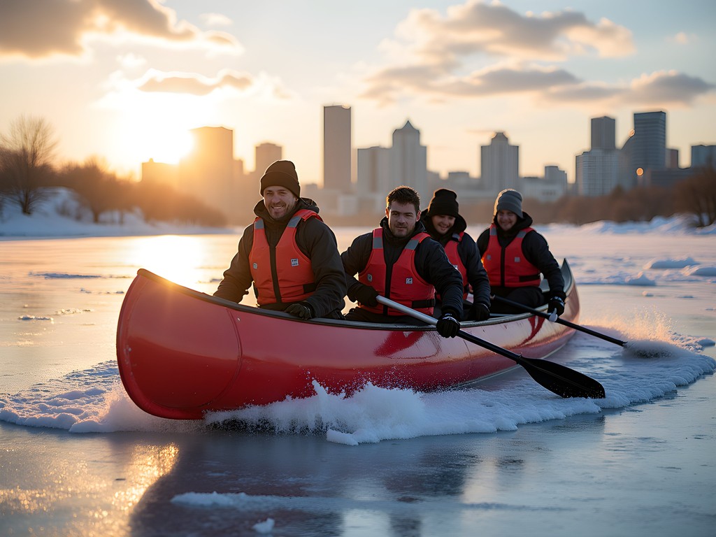 Team ice canoeing across partially frozen St. Lawrence River with Montreal skyline