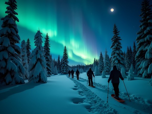 Snowshoers silhouetted against night sky with faint northern lights near Montreal