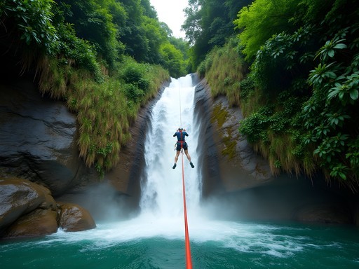 Adventure canyoning down a waterfall in Moorea's lush interior