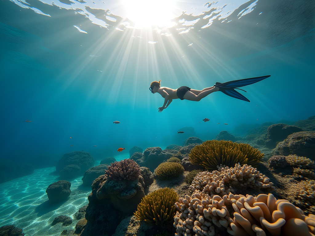 Free diver exploring vibrant coral gardens in Moorea's clear lagoon