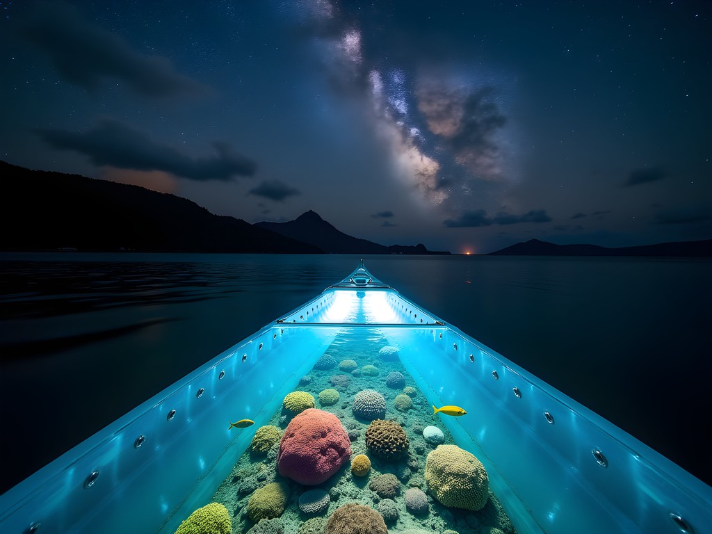Night transparent kayaking over illuminated coral reef in Moorea