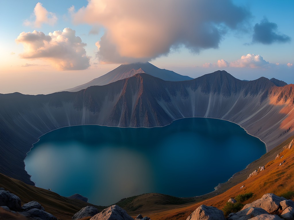 Panoramic view of Heaven Lake from Mount Paektu summit