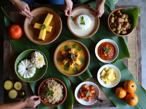 Traditional Samoan Sunday to'ona'i feast with palusami, taro, and other local dishes served on palm leaves
