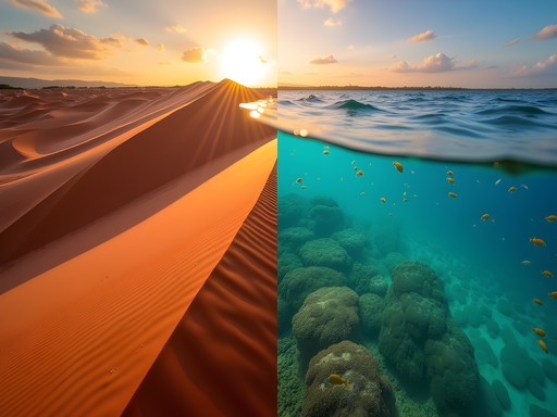 Split image comparing Mui Ne sand dunes at sunset with Apia's coral reefs underwater