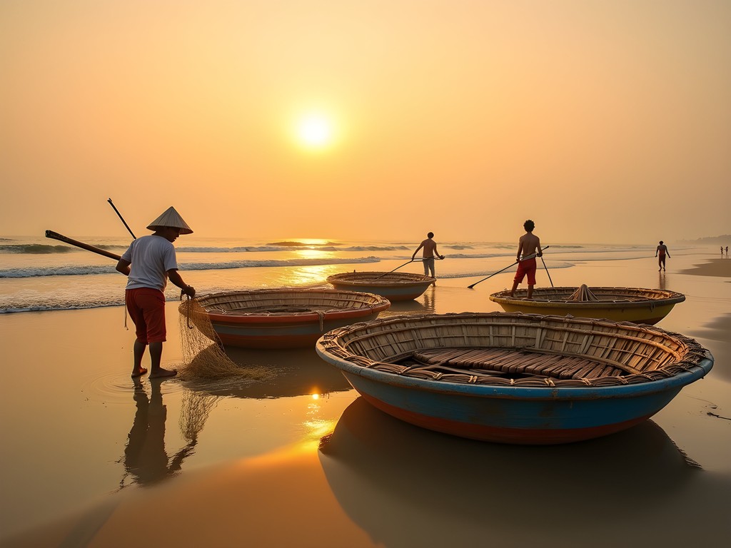 Traditional round bamboo fishing boats on Mui Ne beach at dawn with fishermen preparing for morning catch