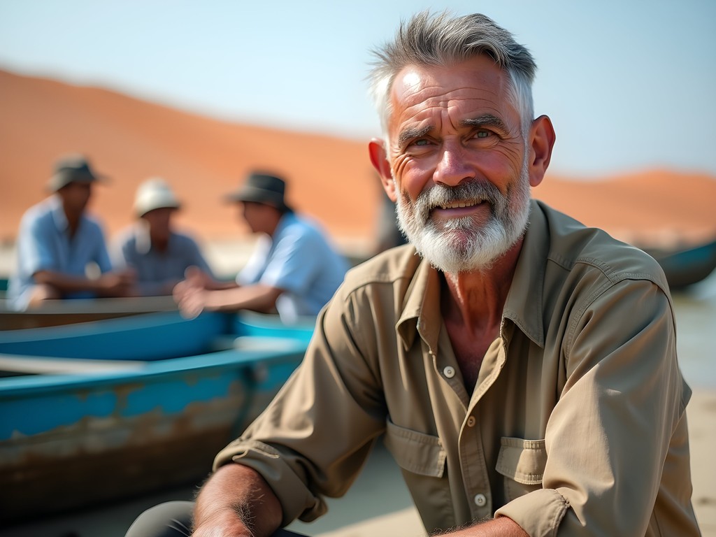 Senior British traveler chatting with local Vietnamese fishermen near Mui Ne