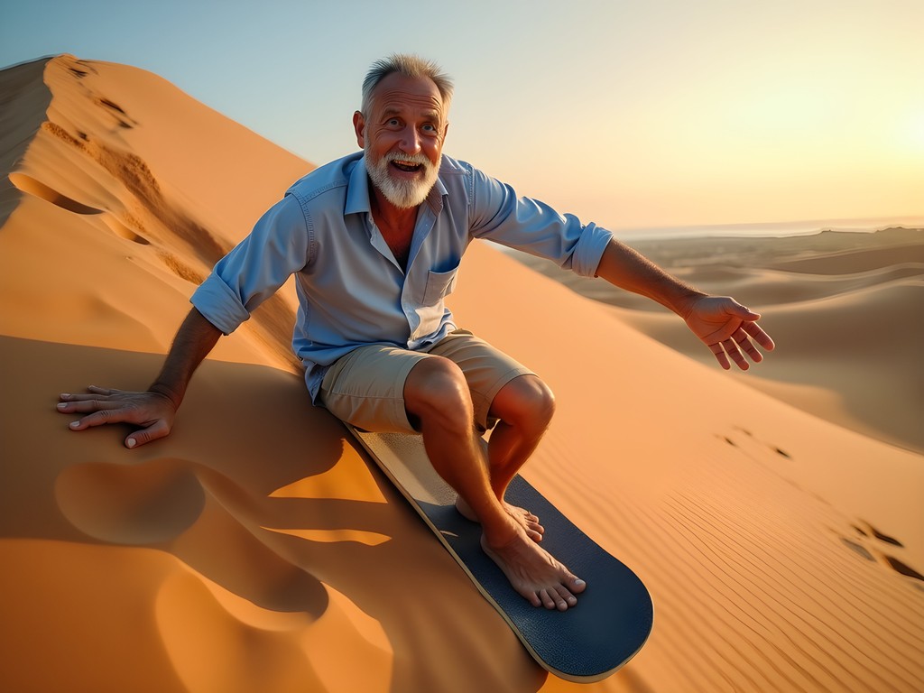 Senior man sandboarding down the red dunes of Mui Ne at sunset