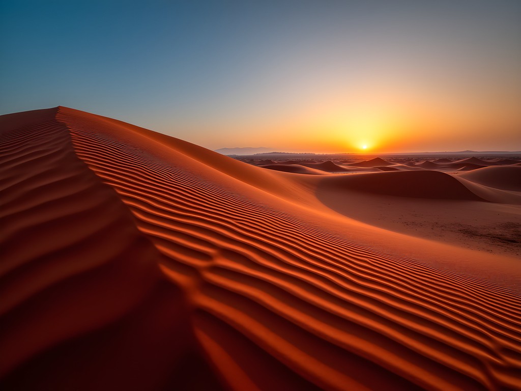 Dramatic rippled patterns on Mui Ne's red sand dunes at sunset with long shadows