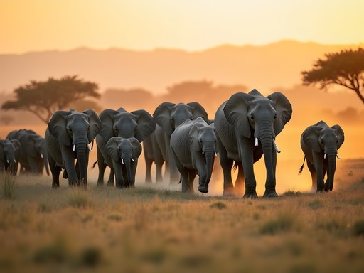 Elephant herd crossing savannah in Murchison Falls National Park showing conservation success