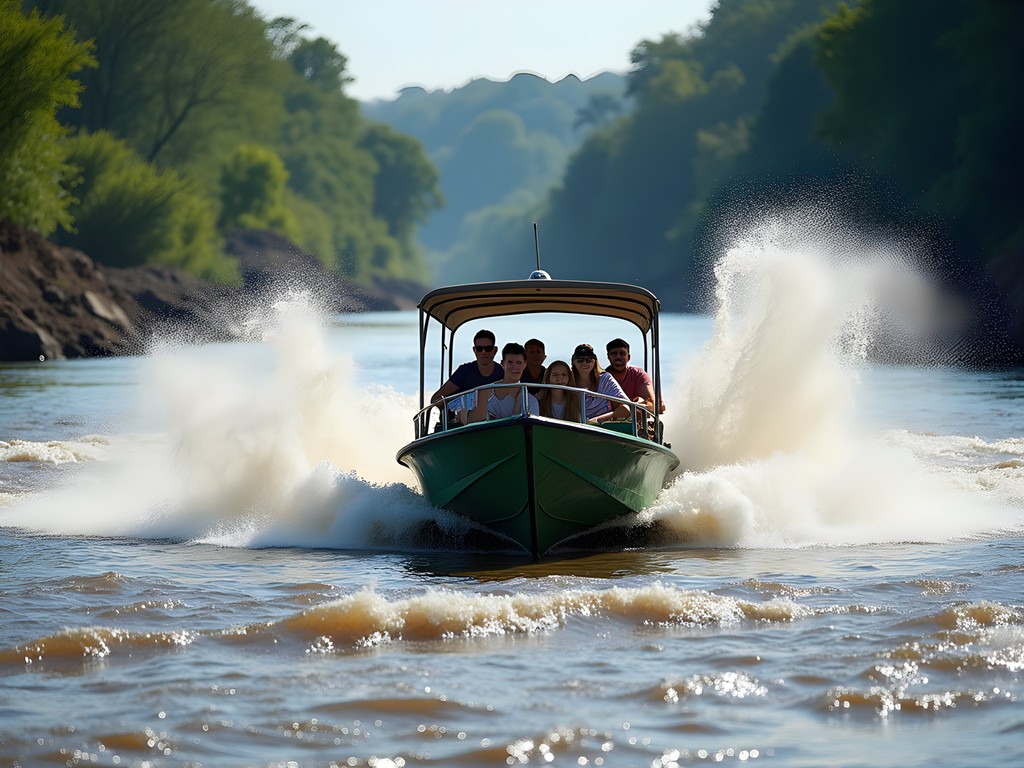Tourist boat navigating the turbulent waters approaching Murchison Falls