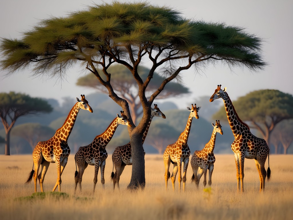 Endangered Rothschild's giraffe grazing against savannah landscape in Murchison Falls National Park