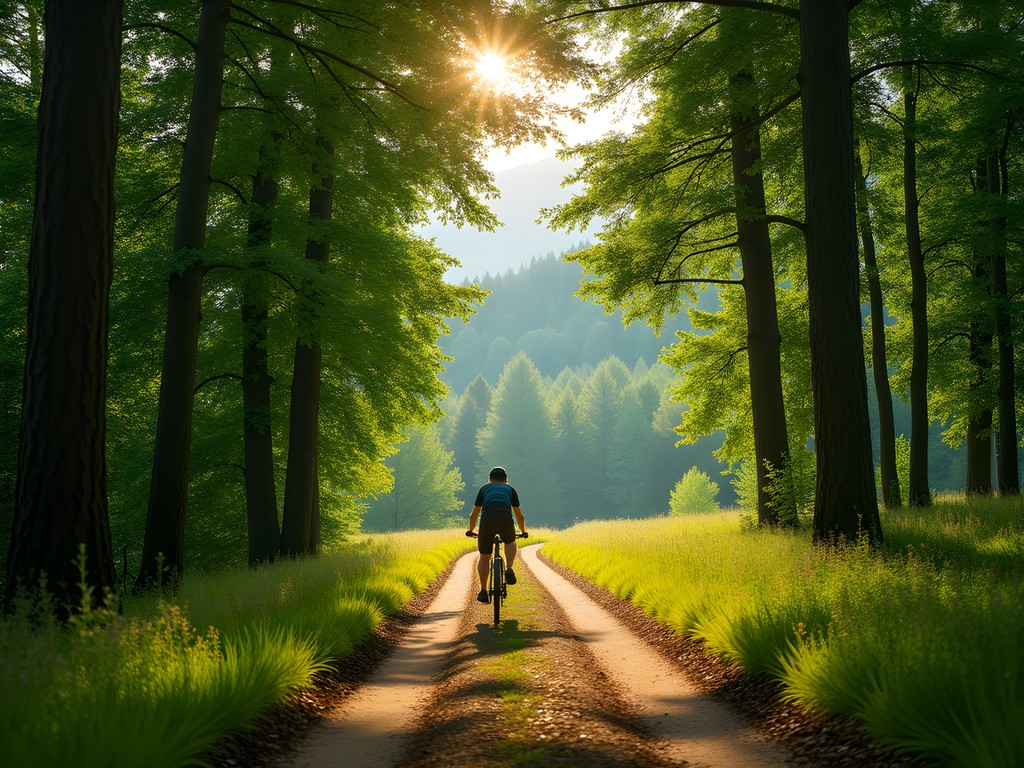 Cycling route through forests near Brasov with Carpathian Mountains in background