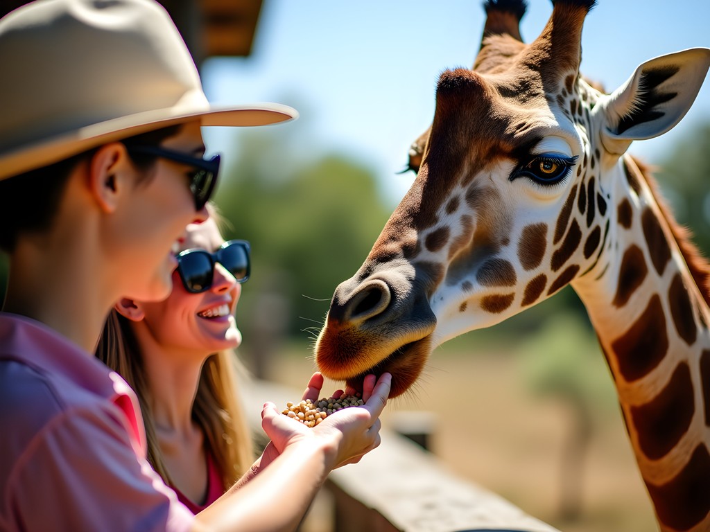 Couple hand-feeding Rothschild giraffes at Nairobi Giraffe Centre
