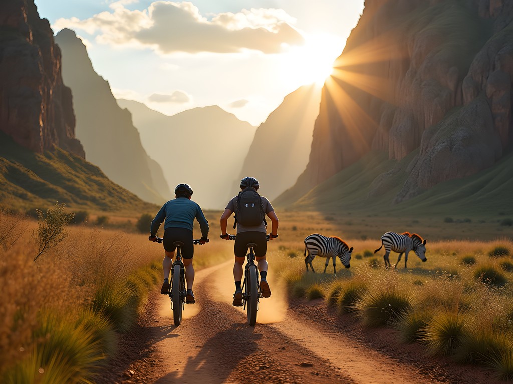 Mountain bikers with zebras in Hell's Gate National Park near Nairobi