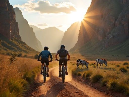 Mountain bikers with zebras in Hell's Gate National Park near Nairobi