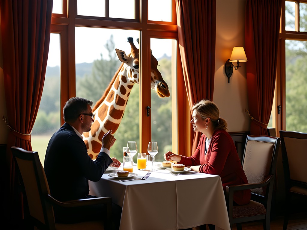 Family enjoying breakfast with giraffes at Giraffe Manor in Nairobi