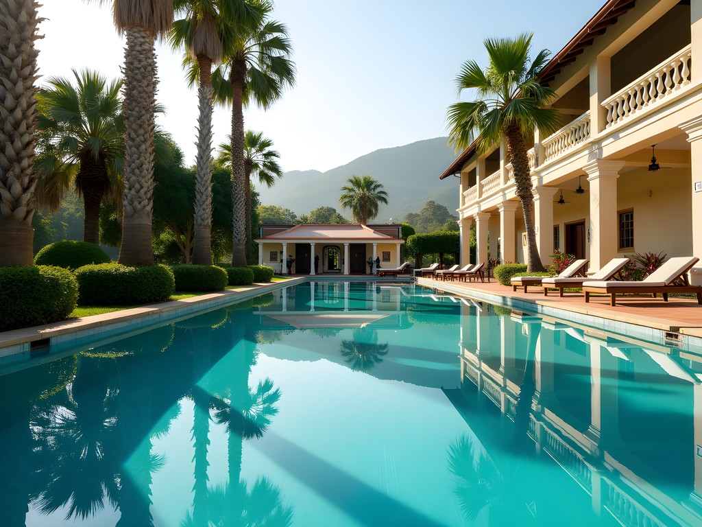 Luxury swimming pool at Hemingways Nairobi hotel with mountain views