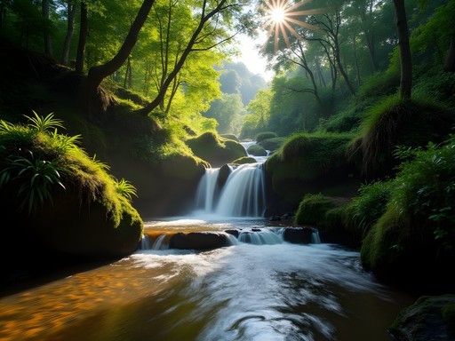 Sunlight filtering through forest canopy at Karura Forest waterfall