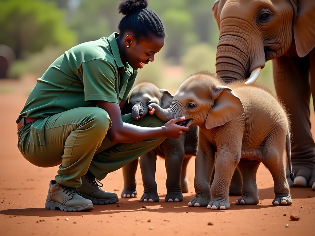 Baby elephant orphans with keepers during feeding time at David Sheldrick Wildlife Trust