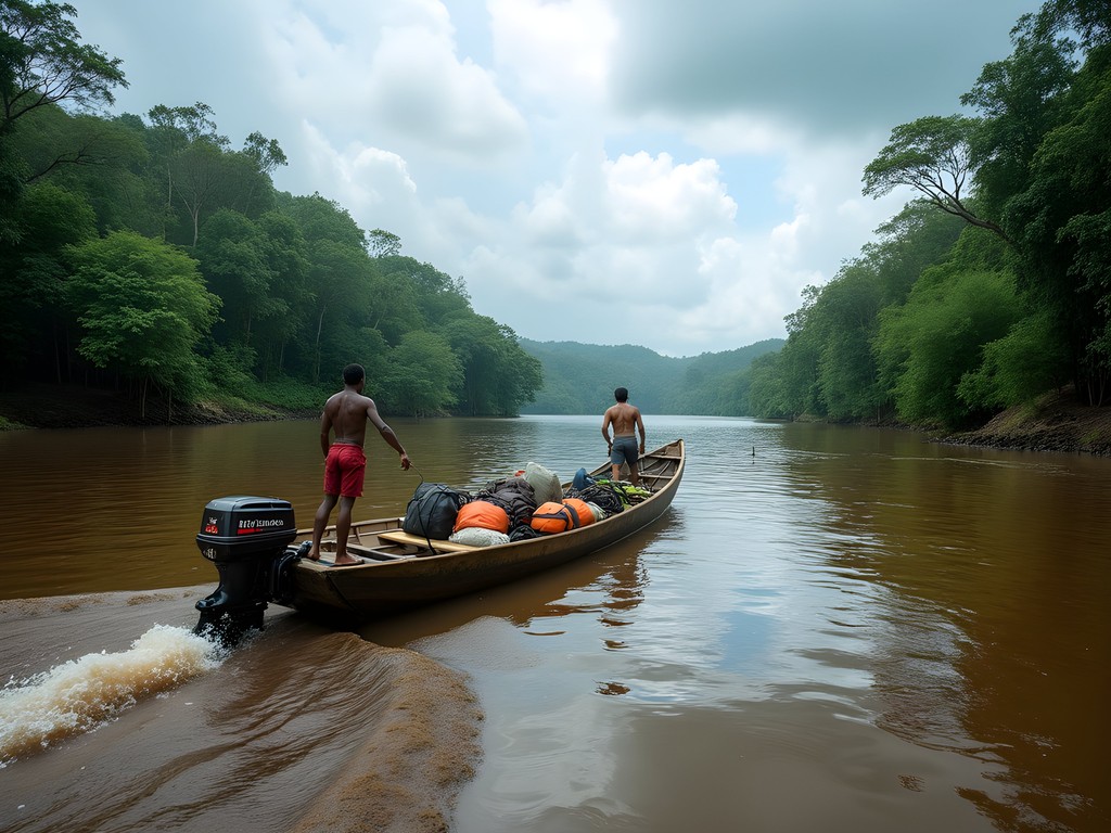 Traditional motorized canoe loaded with expedition gear navigating the brown waters of Berbice River, Guyana