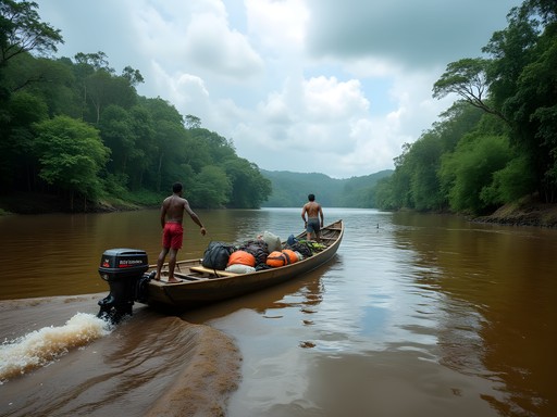 Traditional motorized canoe loaded with expedition gear navigating the brown waters of Berbice River, Guyana